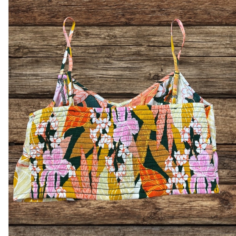 Aerie Tropical Floral Tie Front Smocked Back Crop Top Bohemian Festival Beach S - Picture 7 of 13